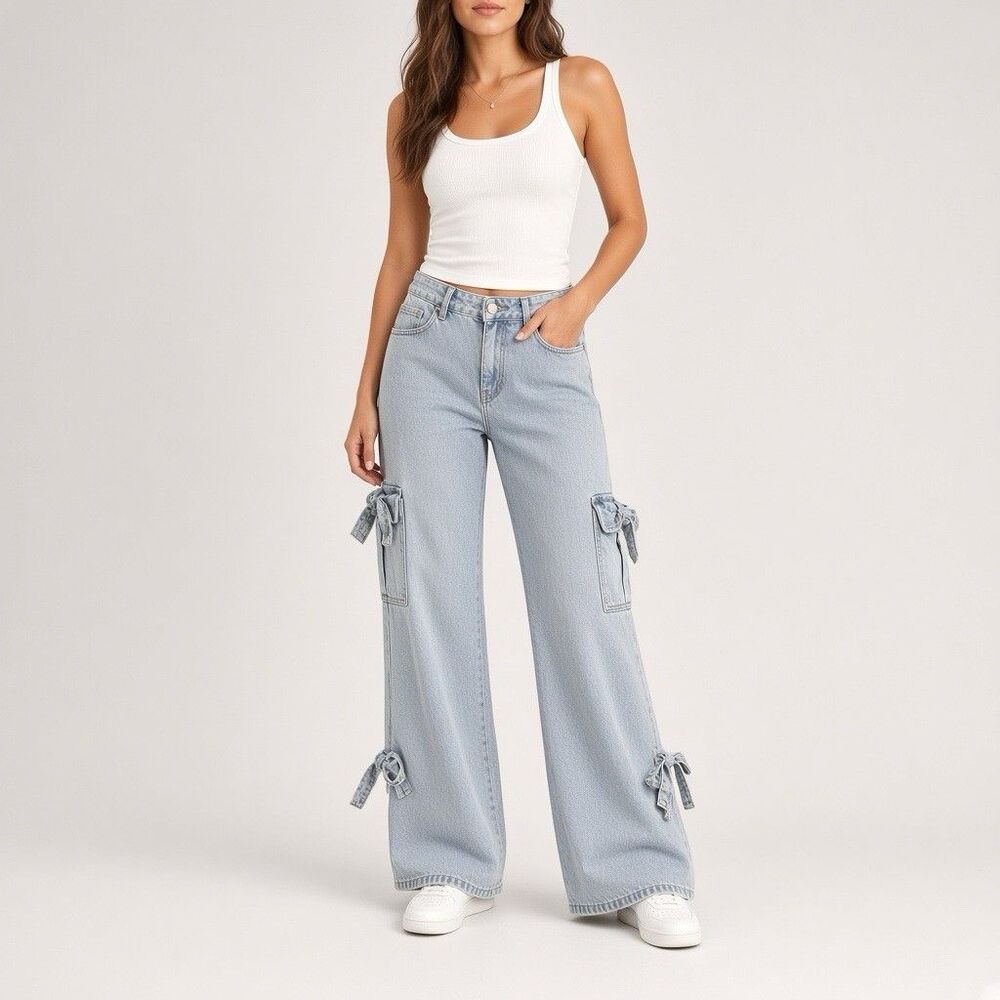 Y2K Forever 21 Jeans Women’s 26 Blue Premium Cargo Flare Wide Leg Bow Detail